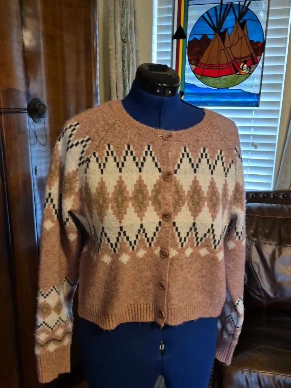 FRYE Nordic Fair Isle Buttons Cardigan Mauve Pink White Black Argyl#3007D) Sz.M.